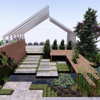 Modern garden design featuring geometric pathways, wooden platforms, and lush greenery. A-frame structure with open beams adds architectural interest to the space.