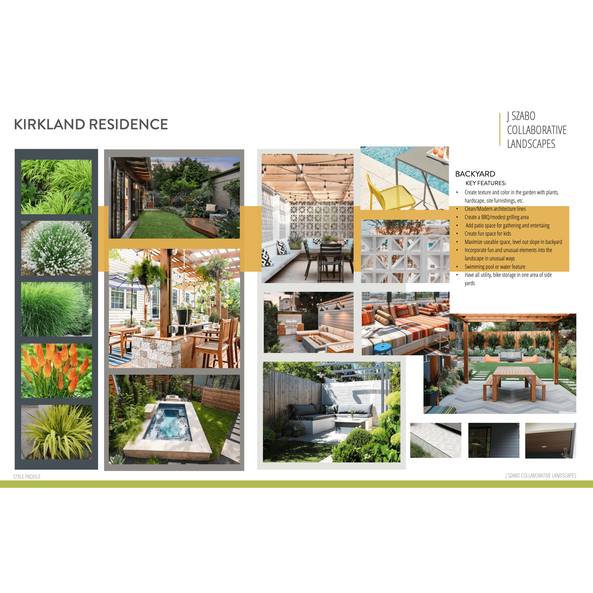 A collage showcasing a modern backyard design with lush greenery, seating areas, and a small pool, labeled "Kirkland Residence" by a landscape designer.