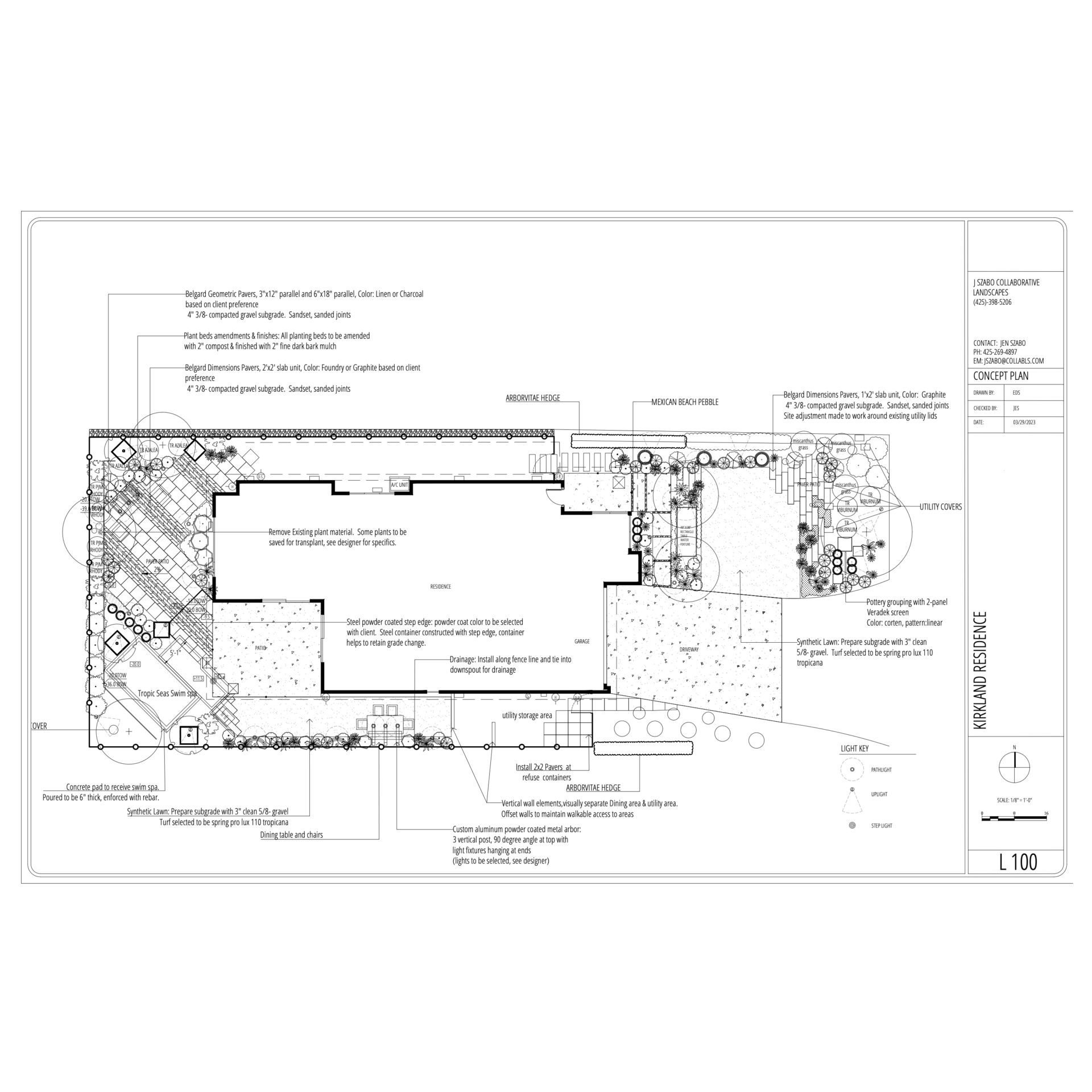 Architectural blueprint with detailed measurements, layout, and annotations. Features building design, landscaping elements, labeled sections, and surrounding area plans for a residential project.