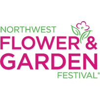 Text graphic for "Northwest Flower & Garden Festival" features green and pink floral design on a black background. No recognizable landmarks or historical buildings.