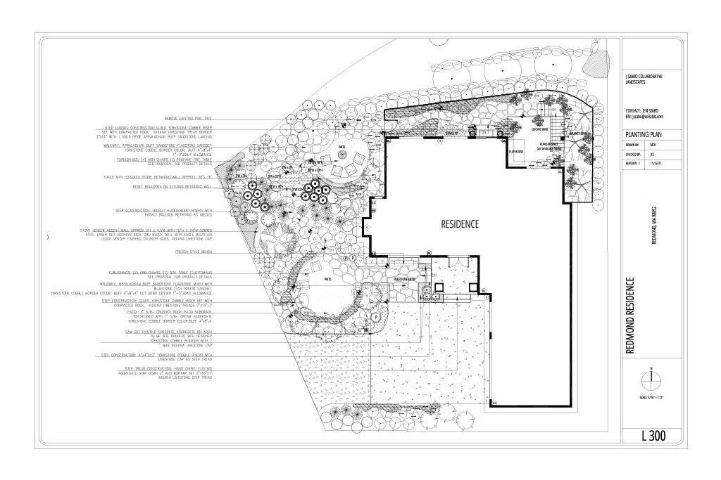 Architectural site plan for a residence, showing building layout, landscaping elements, and parking area. Annotations detail plantings and design features.