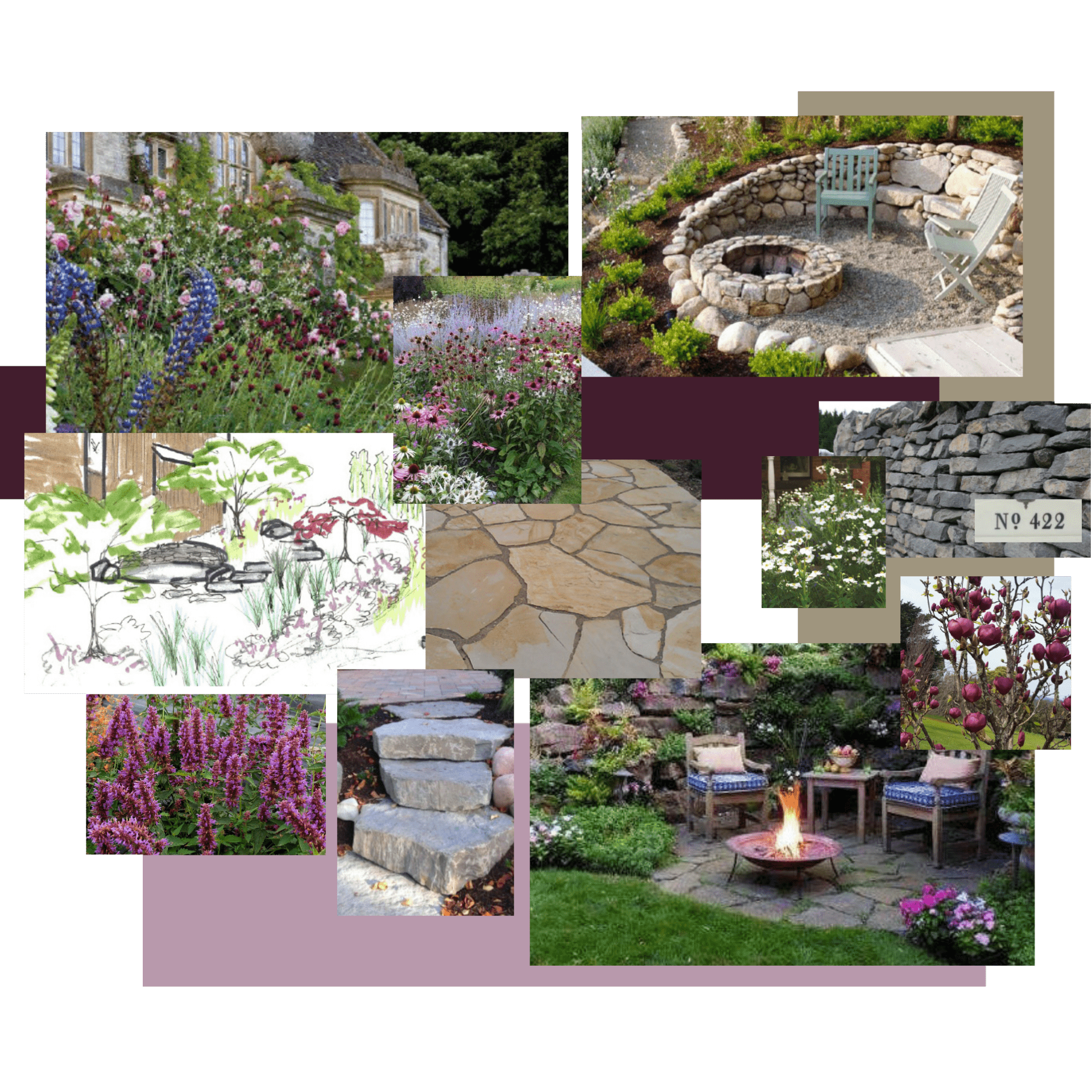 A collage of garden scenes features lush flowers, stone pathways, fire pits, and cozy seating, creating a rustic and tranquil outdoor ambiance.