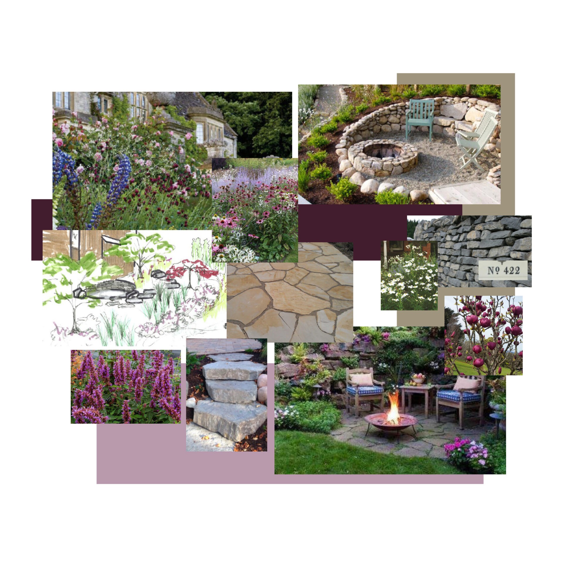 A collage showcasing vibrant gardens, stone pathways, fire pit area, and seating, reflecting a peaceful outdoor landscaping design.