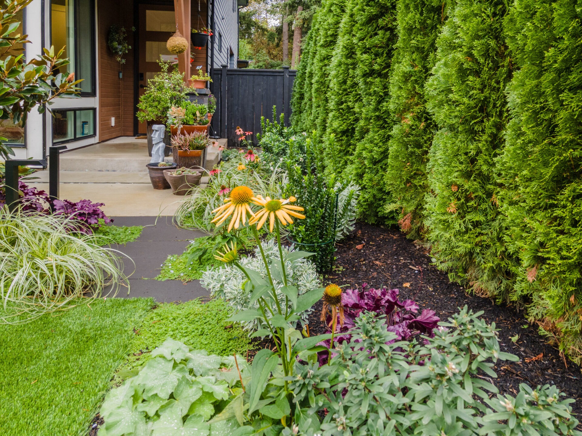 A lush garden with various plants and flowers borders a modern home entrance, framed by tall hedges and potted decorations.