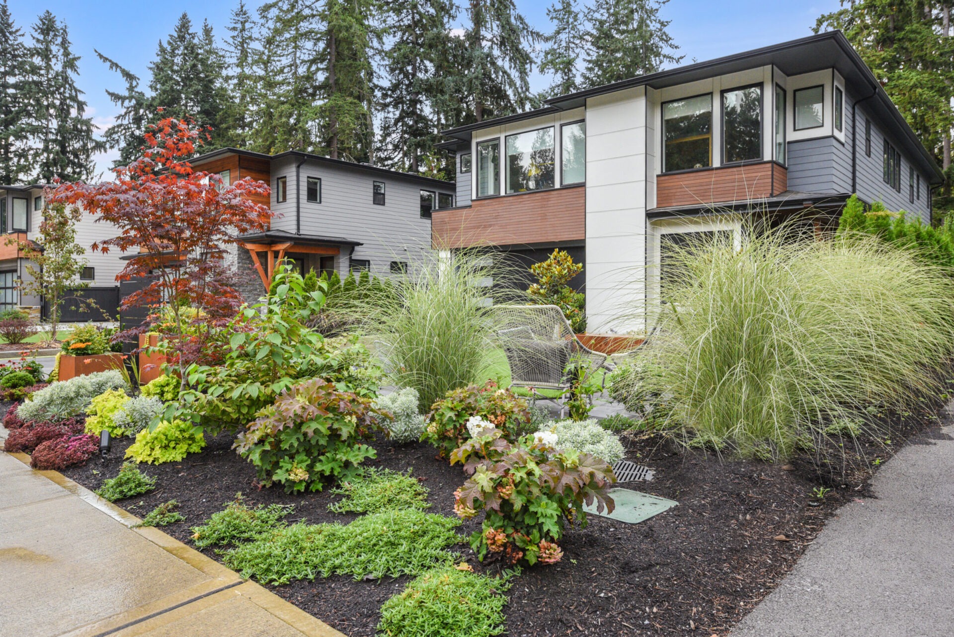 Modern homes in a suburban neighborhood with lush landscaped gardens and tall trees in the background. Overcast sky enhances the greenery's vibrancy.