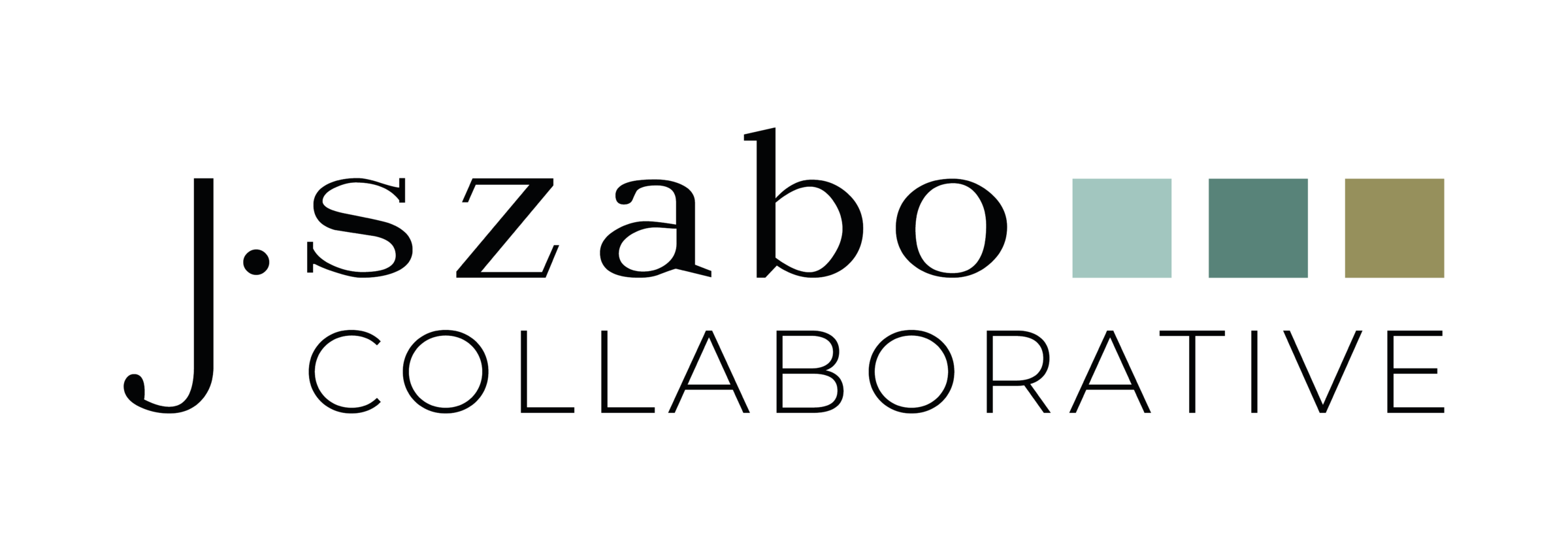 The image displays the logo "J. Szabo Collaborative" with three colored squares (light blue, teal, olive) on a black background.