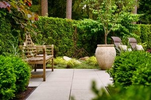 A serene garden features lush greenery, a wooden bench, large ceramic pot, and manicured bushes, creating a peaceful and inviting outdoor space.