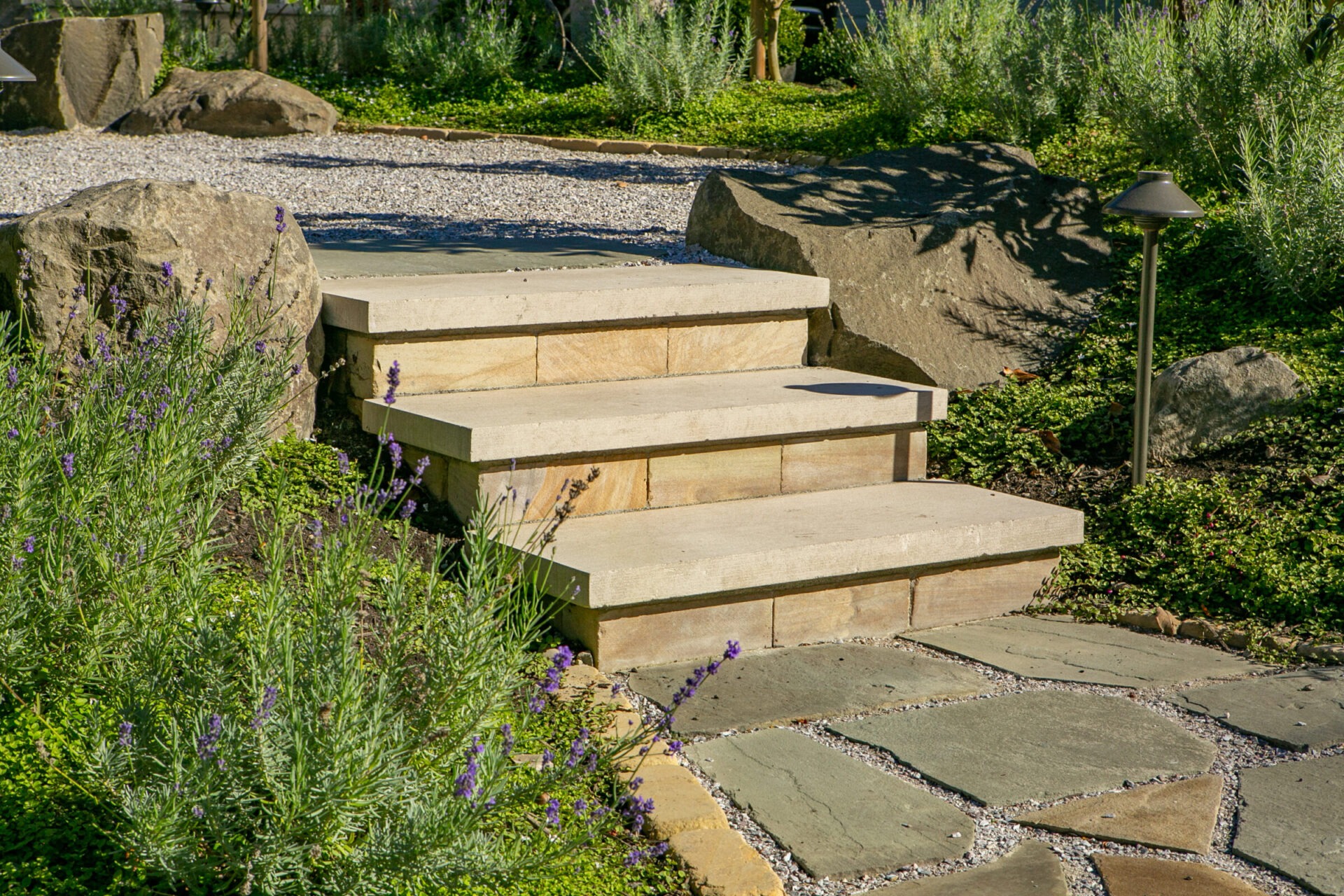 Stone steps in a garden setting, surrounded by lush greenery and flowering plants. The area is well-lit by small garden lights.