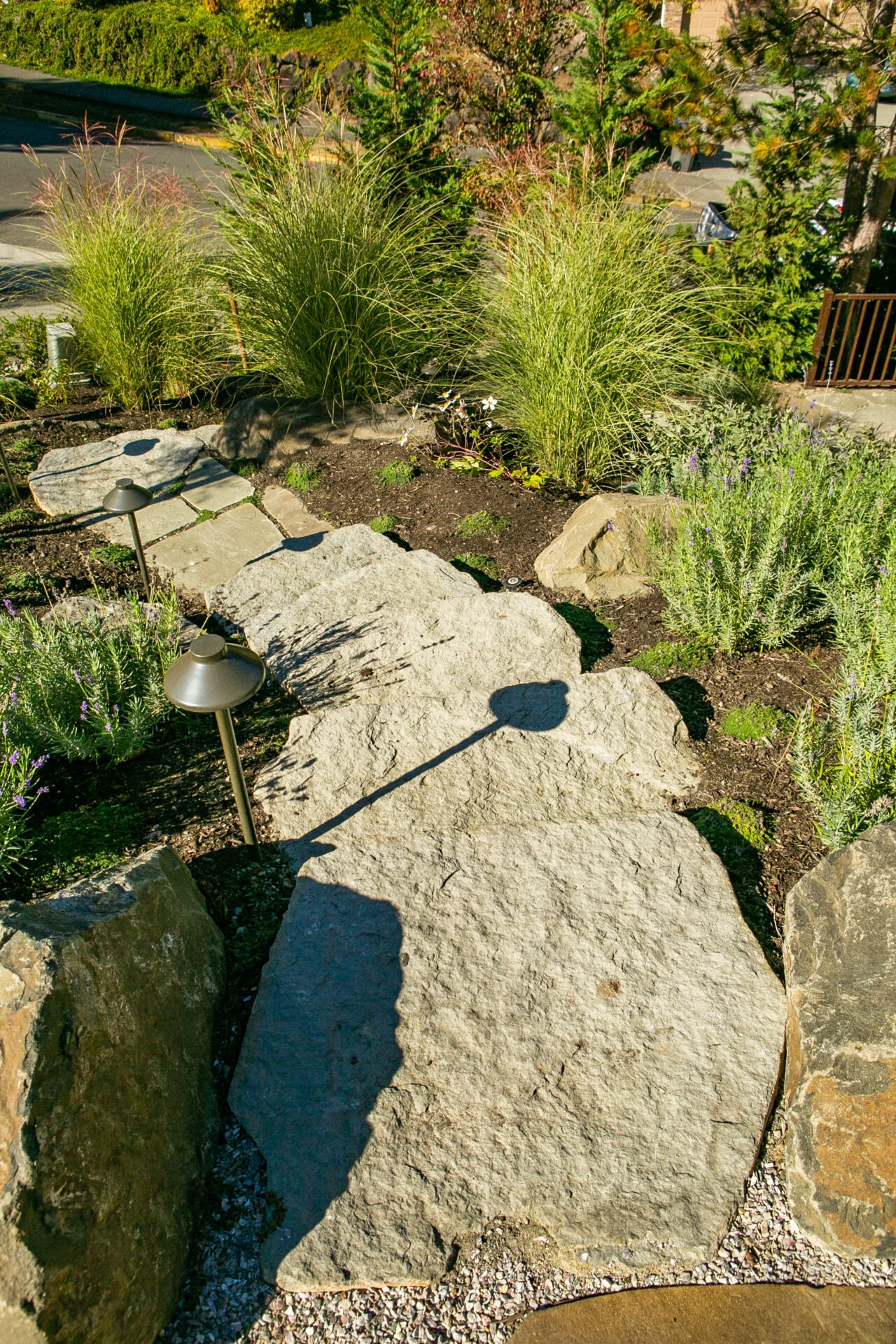 A stone path winds through a landscaped garden with greenery, featuring large rocks and small pathway lights, in a residential neighborhood.