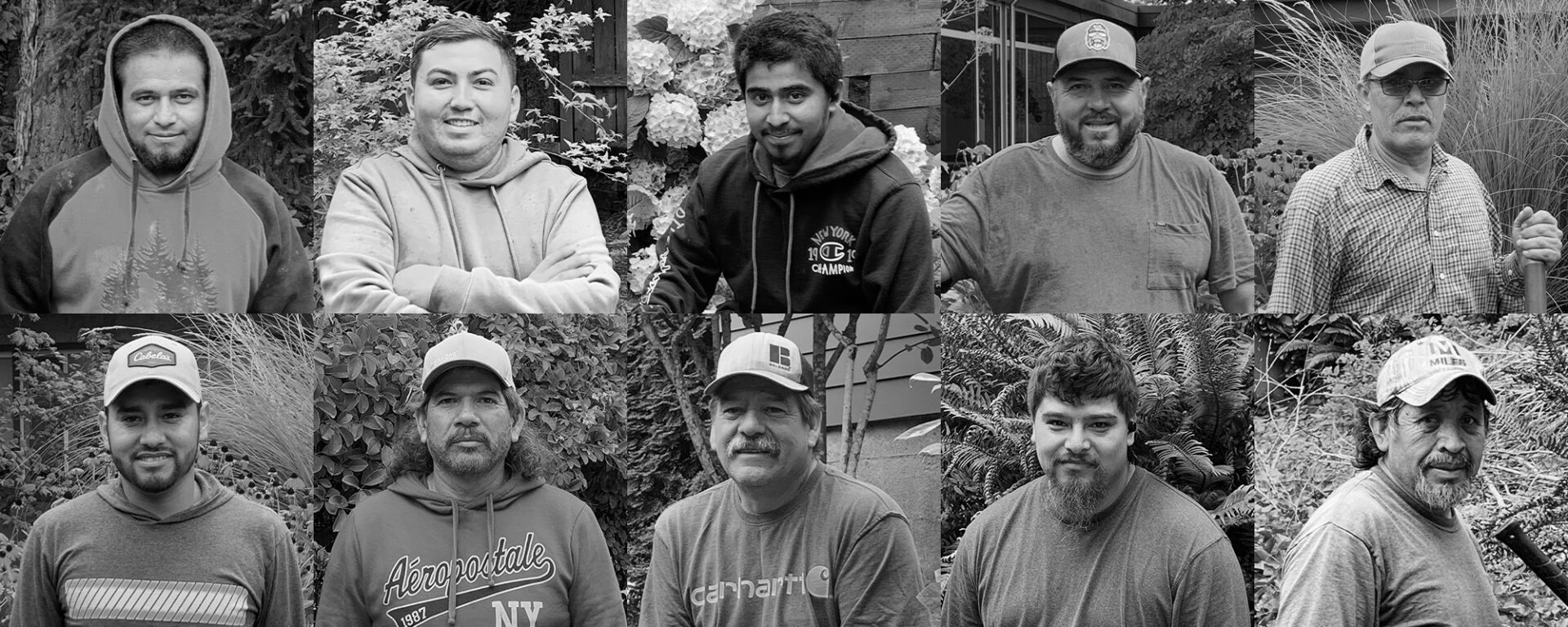 A grid of ten black-and-white portraits features different people wearing casual clothing and caps, set against various outdoor backgrounds.