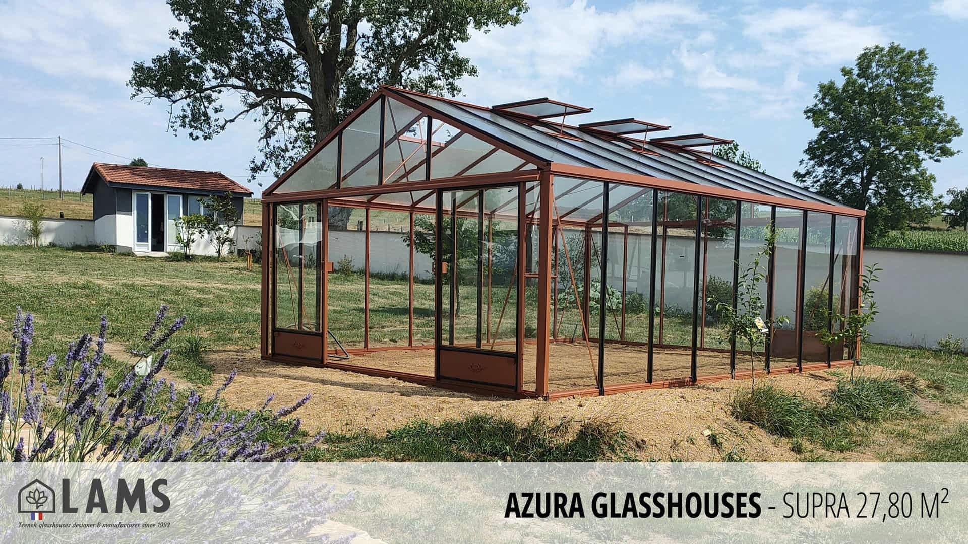A glass greenhouse stands in a garden with lavender; a small building and trees are visible in the background.
